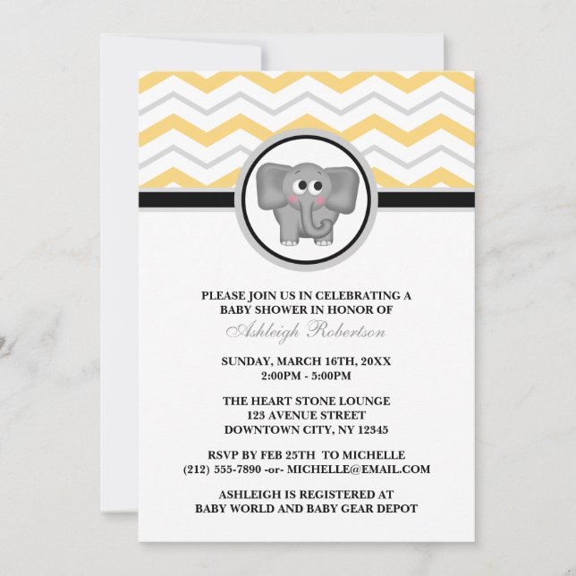 Elephant Yellow Gray Chevron Baby Shower Invitation (Front)