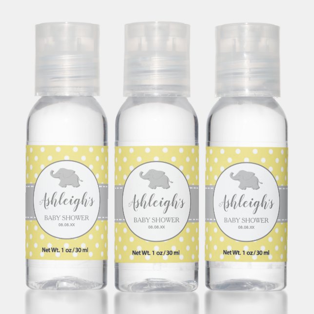 Elephant Yellow Gray Polka Dot Baby Shower Hand Sanitizer (Set)