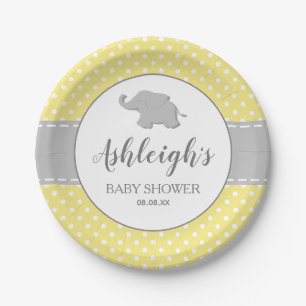 Elephant Yellow Gray Polka Dot Baby Shower Paper Plates