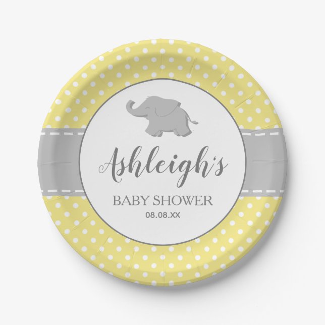Elephant Yellow Gray Polka Dot Baby Shower Paper Plates (Front)
