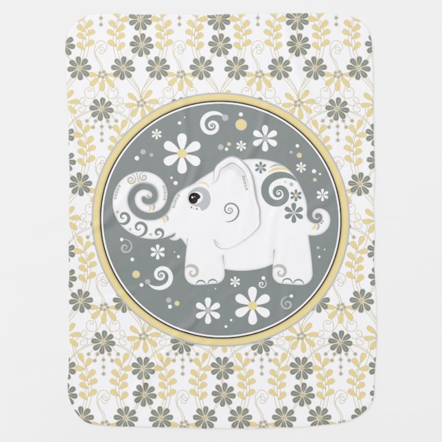 Elephant Yellow Grey White Daisy Floral Swaddle Blanket (Front)