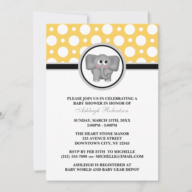 Elephant Yellow Polka Dot Baby Shower Invitations (Front)
