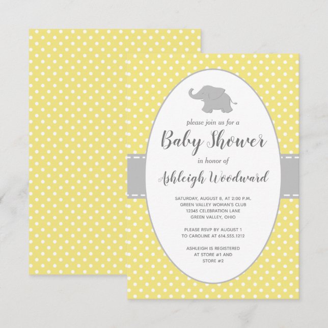 Elephant Yellow Polka Dot Neutral Baby Shower Invitation (Front/Back)
