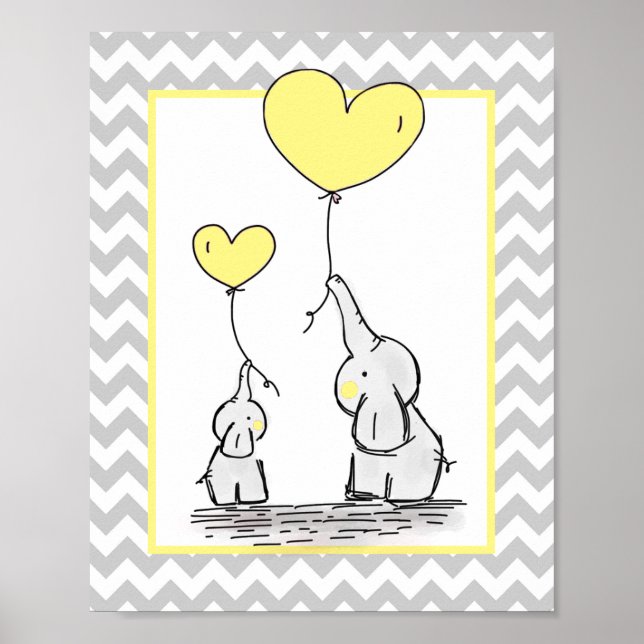 Elephant Yellow White Gray Chevron Baby Nursery Poster (Front)