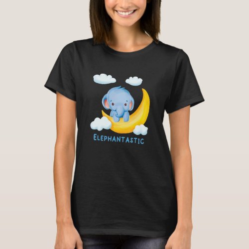 Elephantastic  Cute Elephant On Moon With Clouds T_Shirt