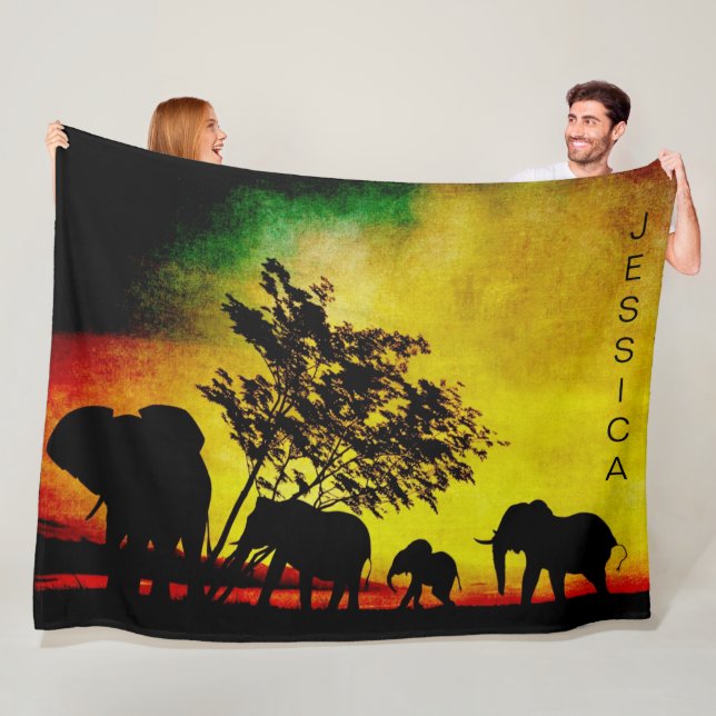 Elephants African Colorful Sunset Customizable Fleece Blanket (In Situ)