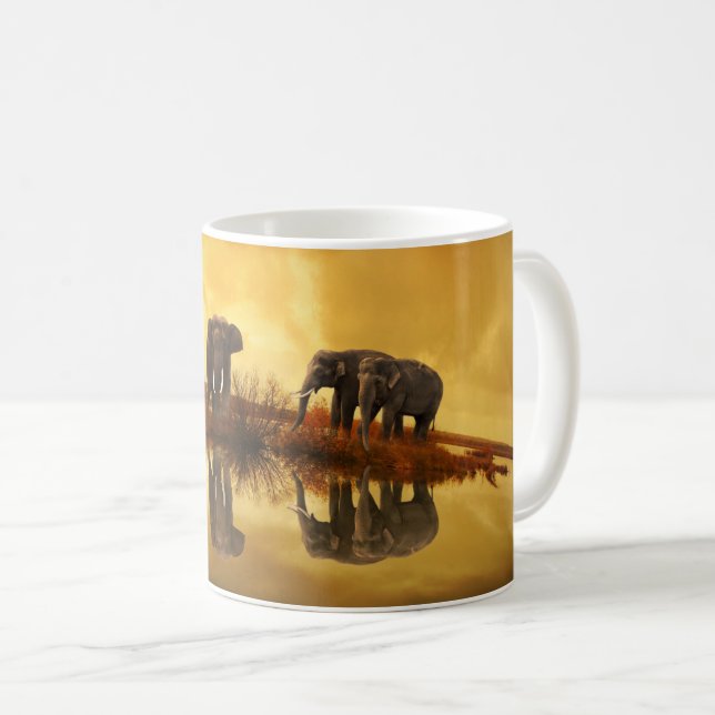 Elephants At Sunset Lake Reflection Coffee Mug (Front Right)