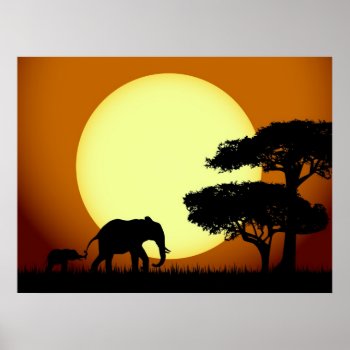 Elephants At Sunset Poster by pixxart at Zazzle