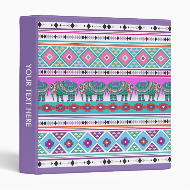 Elephants Aztec Tribal Pattern 3 Ring Binder (Front/Spine)