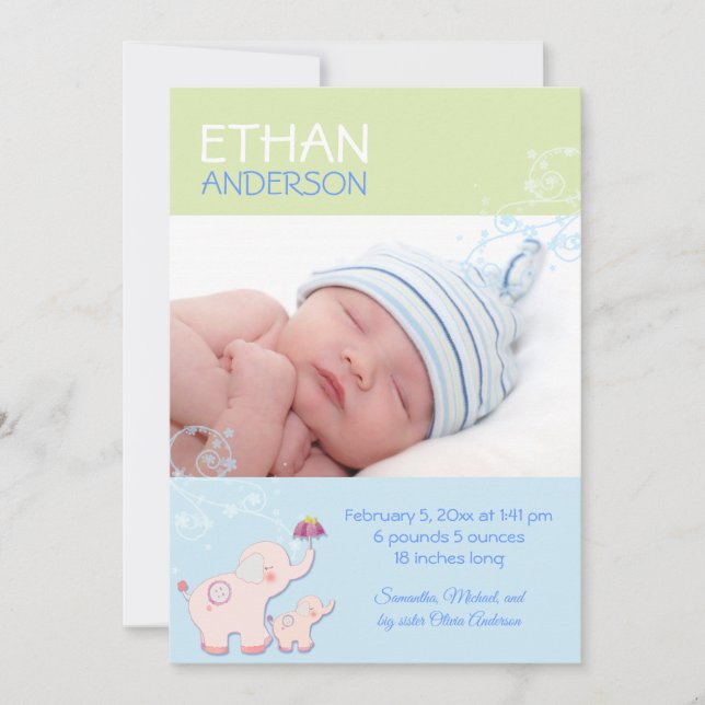 Elephants Baby Boy Photo Birth Announcement (Front)