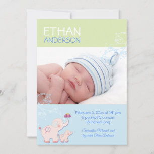 Elephants Baby Boy Photo Birth Announcement