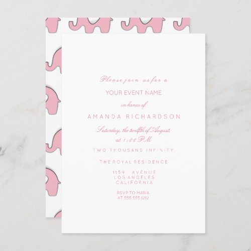 Elephants Baby Pink Girl Birthday Shower White Invitation