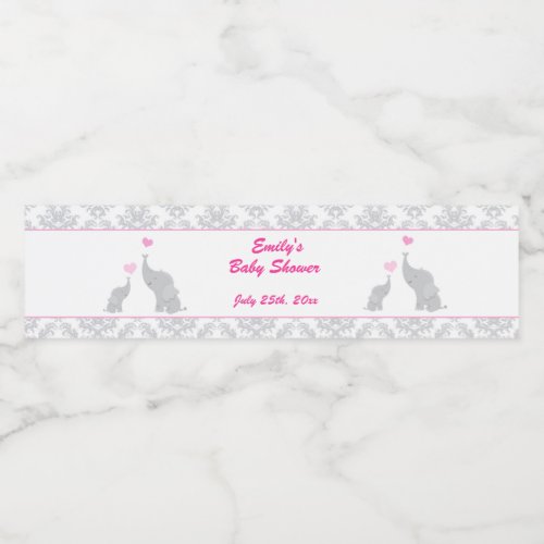 Elephants Baby Shower Bottle Label Girl Pink Gray