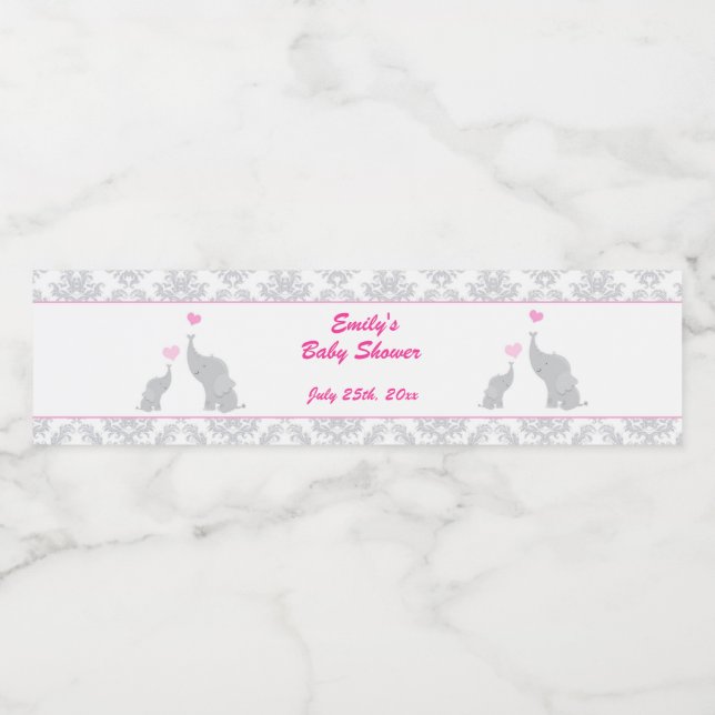 Elephants Baby Shower Bottle Label Girl Pink Gray (Single Label)