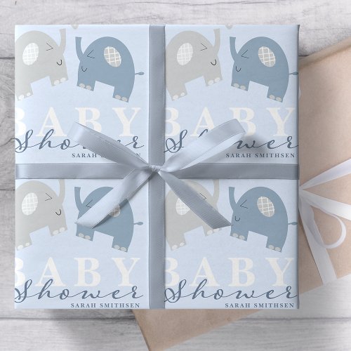 Elephants Baby Shower Dusty Blue Wrapping Paper