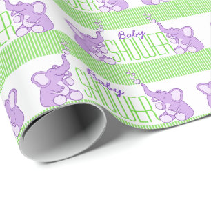 Elephants baby shower green purple birthday wrap wrapping paper