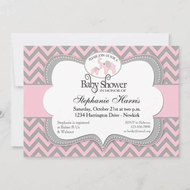 Elephants Baby Shower in Chevron Pink Invitation (Front)