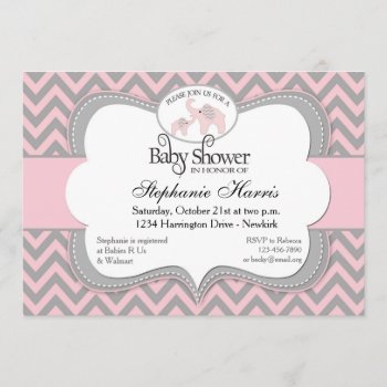 Elephants Baby Shower In Chevron Pink Invitation by mybabybundles at Zazzle