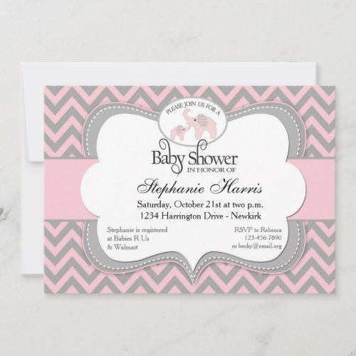 Elephants Baby Shower in Chevron Pink Personalized Announcements