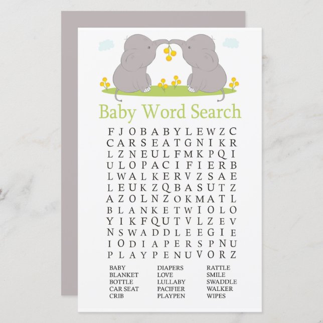 Elephants Baby Shower Word Search Game (Front/Back)