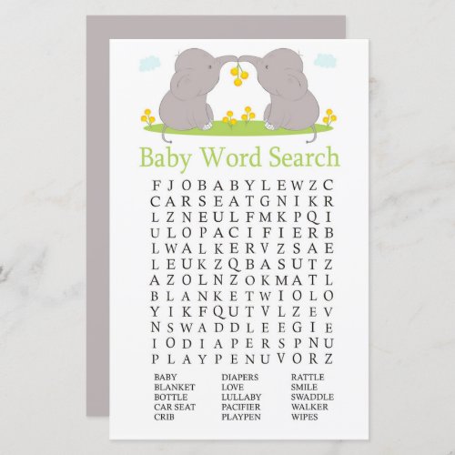 Elephants Baby Shower Word Search Game