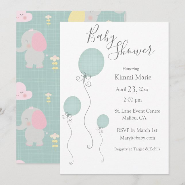Elephants Balloons Minimalistic Watercolor Script Invitation (Front/Back)