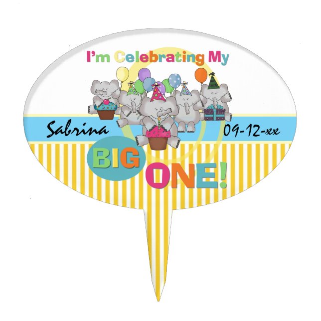 Elephants BIG ONE 1st Birthday Cake Topper (Front)