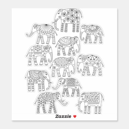 Elephants Black and White Line Art Sticker
