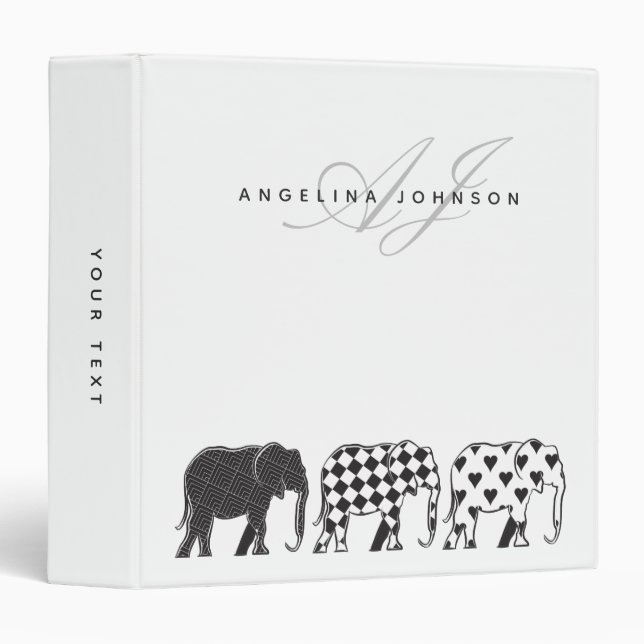 Elephants , Black and White Pattern Monogram Name 3 Ring Binder (Front/Spine)