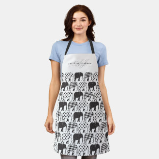 Elephants Black and White Pattern Name Apron