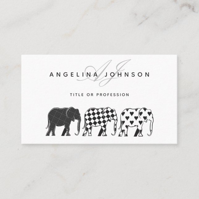 Elephants , Black and White Pattern Professional Business Card (Front)