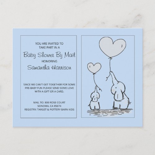 Elephants Blue Baby Boy Baby Shower By Mail Invitation Postcard