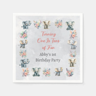 Elephants & Boho Jungle Flowers on Gray Birthday Napkins