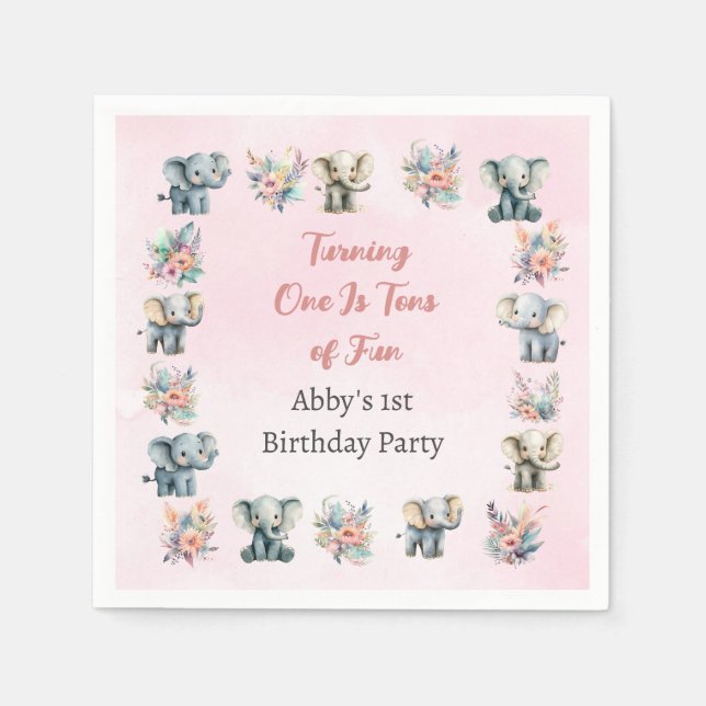 Elephants & Boho Jungle Flowers on Pink Birthday Napkins (Front)