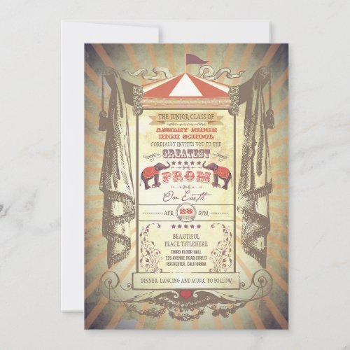 Elephants Carnival Circus Prom Invitations - Unique prom invitation inspired by a vintage circus theme with two elephants. How Fun!