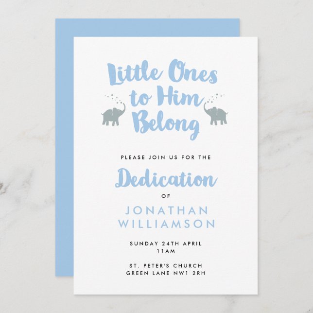 Elephants Christian Dedication Invitation | Blue (Front/Back)