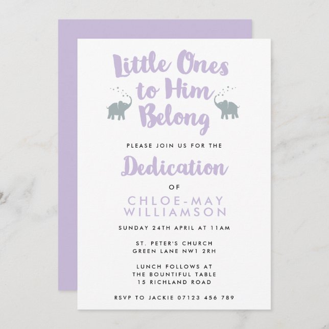 Elephants Christian Dedication Invitation | Lilac (Front/Back)