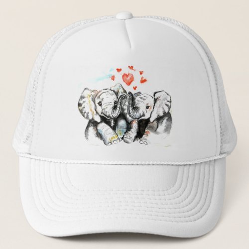 Elephants Couple Love Trucker Hat Painting