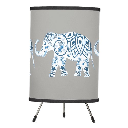 Elephants decorated with blue mandala  on grey tripod lamp