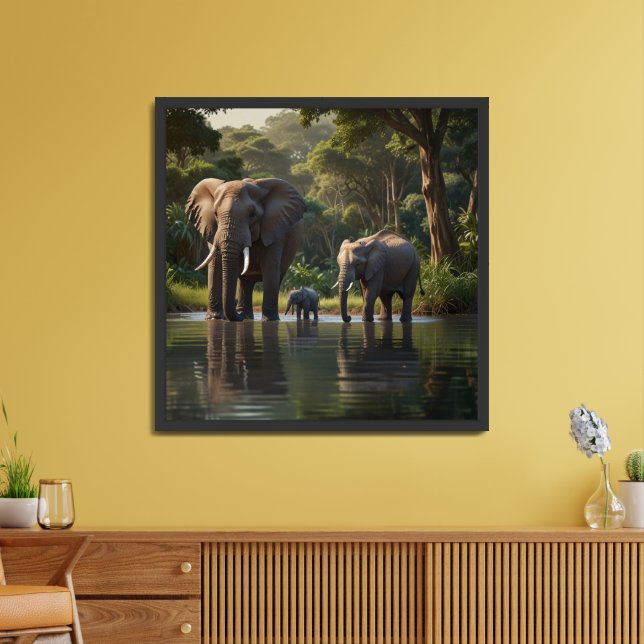 elephants drinking from a tranquil river framed art (Living Room)