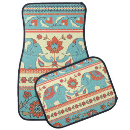 Elephants, flowers, ethnic striped pattern car floor mat