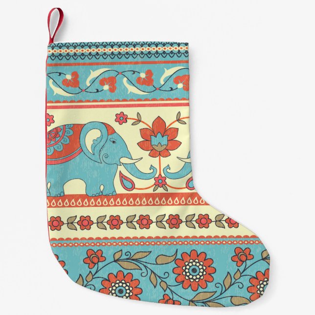 Elephants, flowers, ethnic striped pattern small christmas stocking (Front)