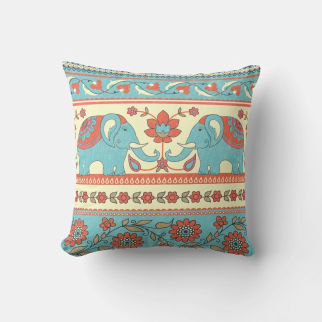 Elephants, flowers, ethnic striped pattern throw pillow (Front)