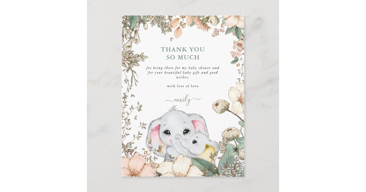 Elephants Foliage Sage Green Baby Shower Thank You Postcard | Zazzle.com