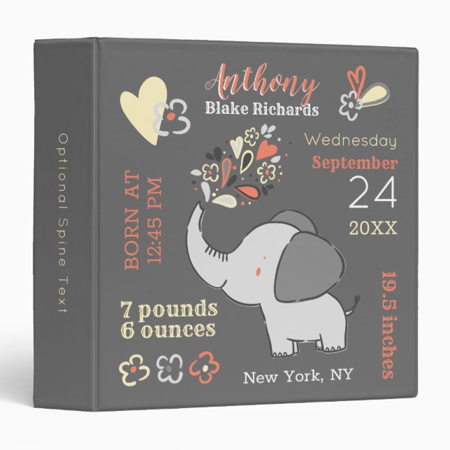 Elephants Gender Neutral Baby Birth Stats Keepsake 3 Ring Binder (Front/Spine)