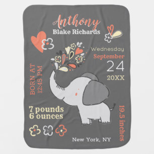 Elephants Gender Neutral Baby Birth Stats Keepsake Baby Blanket