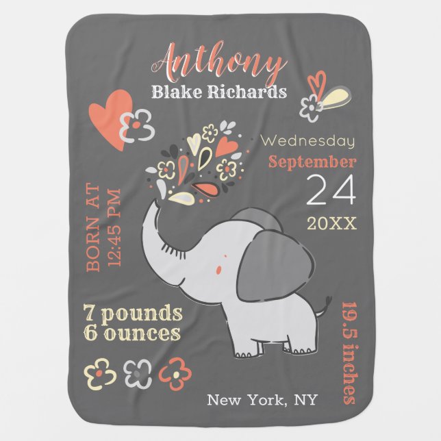 Elephants Gender Neutral Baby Birth Stats Keepsake Baby Blanket (Front)