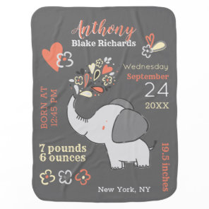 Elephants Gender Neutral Baby Birth Stats Keepsake Blanket