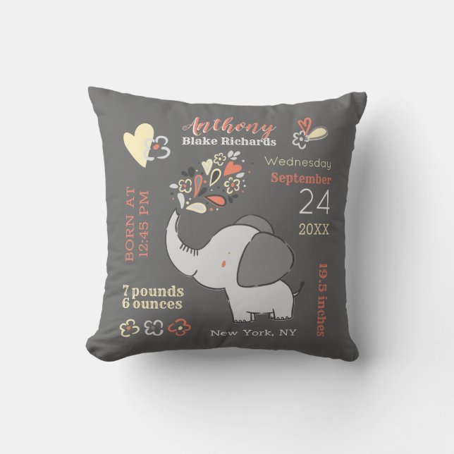 Elephants Gender Neutral Baby Birth Stats Keepsake Throw Pillow (Front)