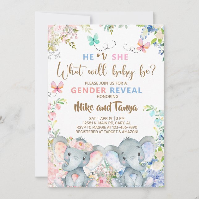 Elephants gender reveal invite, pink blue flowers. invitation (Front)